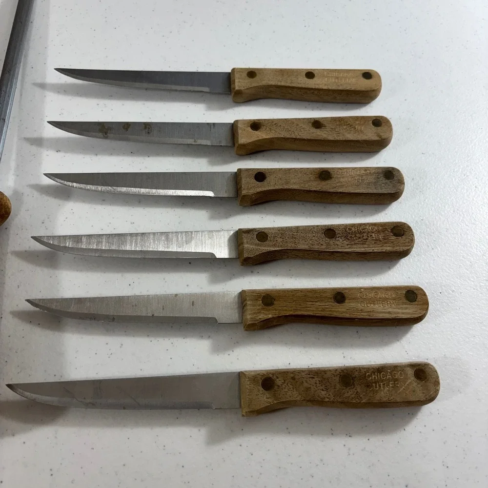 Vintage Chicago Cutlery 12 Piece Knife Set Walnut Wood Handle Sharpening Steel